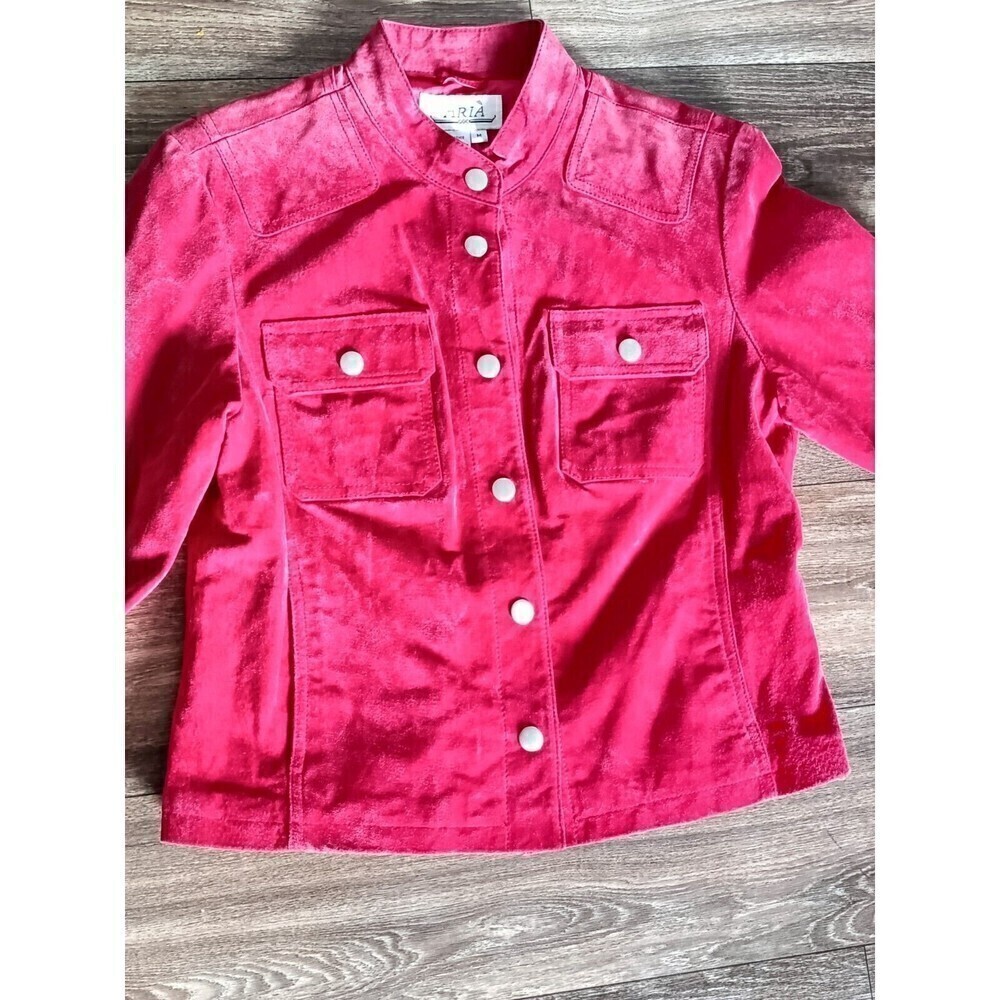 Aria Red Jacket Size Medium  Leather Coat Lined Snap Button Crop Style Vintage - Picture 3 of 7